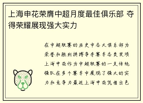 上海申花荣膺中超月度最佳俱乐部 夺得荣耀展现强大实力