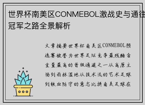 世界杯南美区CONMEBOL激战史与通往冠军之路全景解析